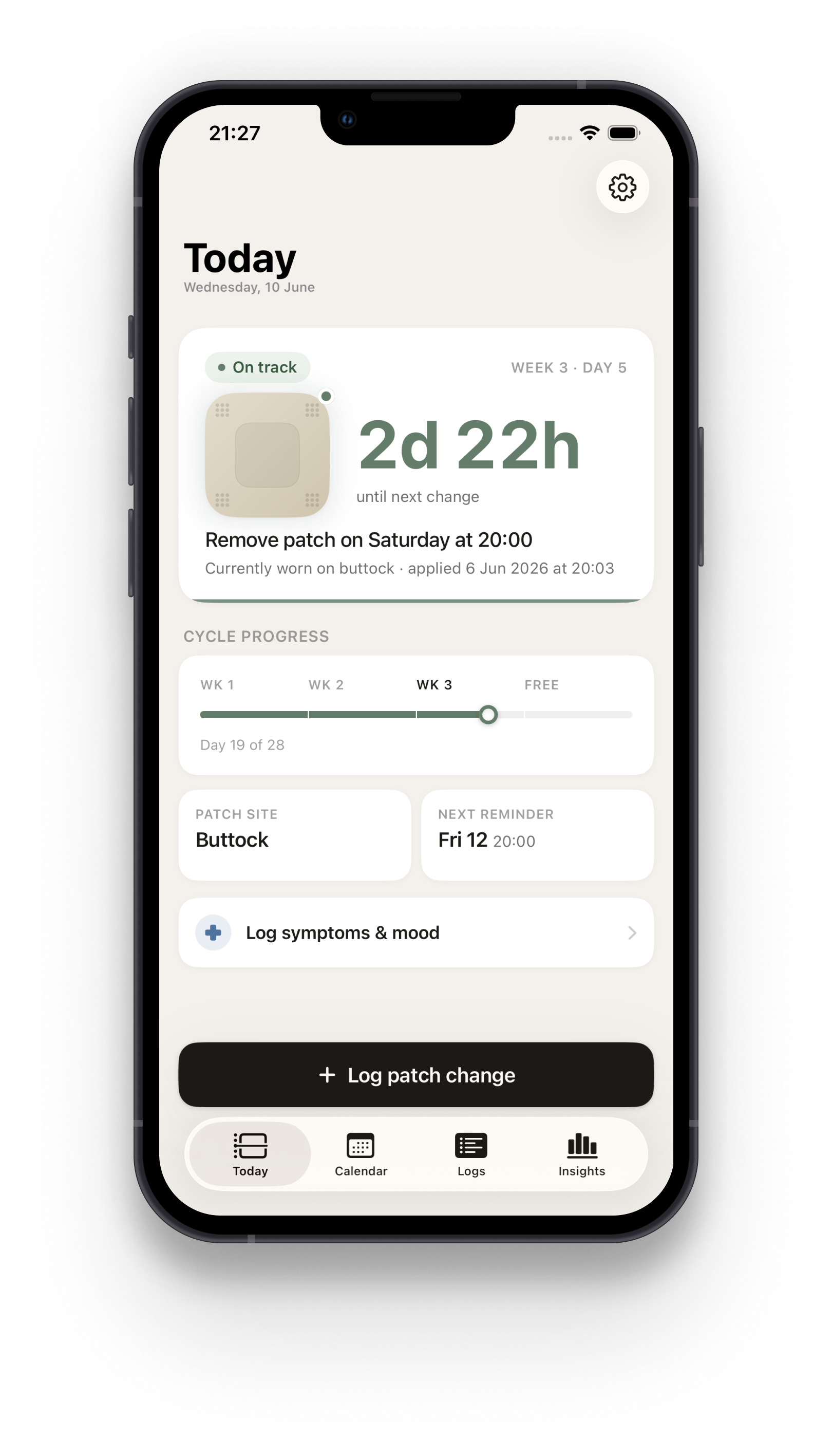 Patch app — On track status showing 2 days 22 hours until next change