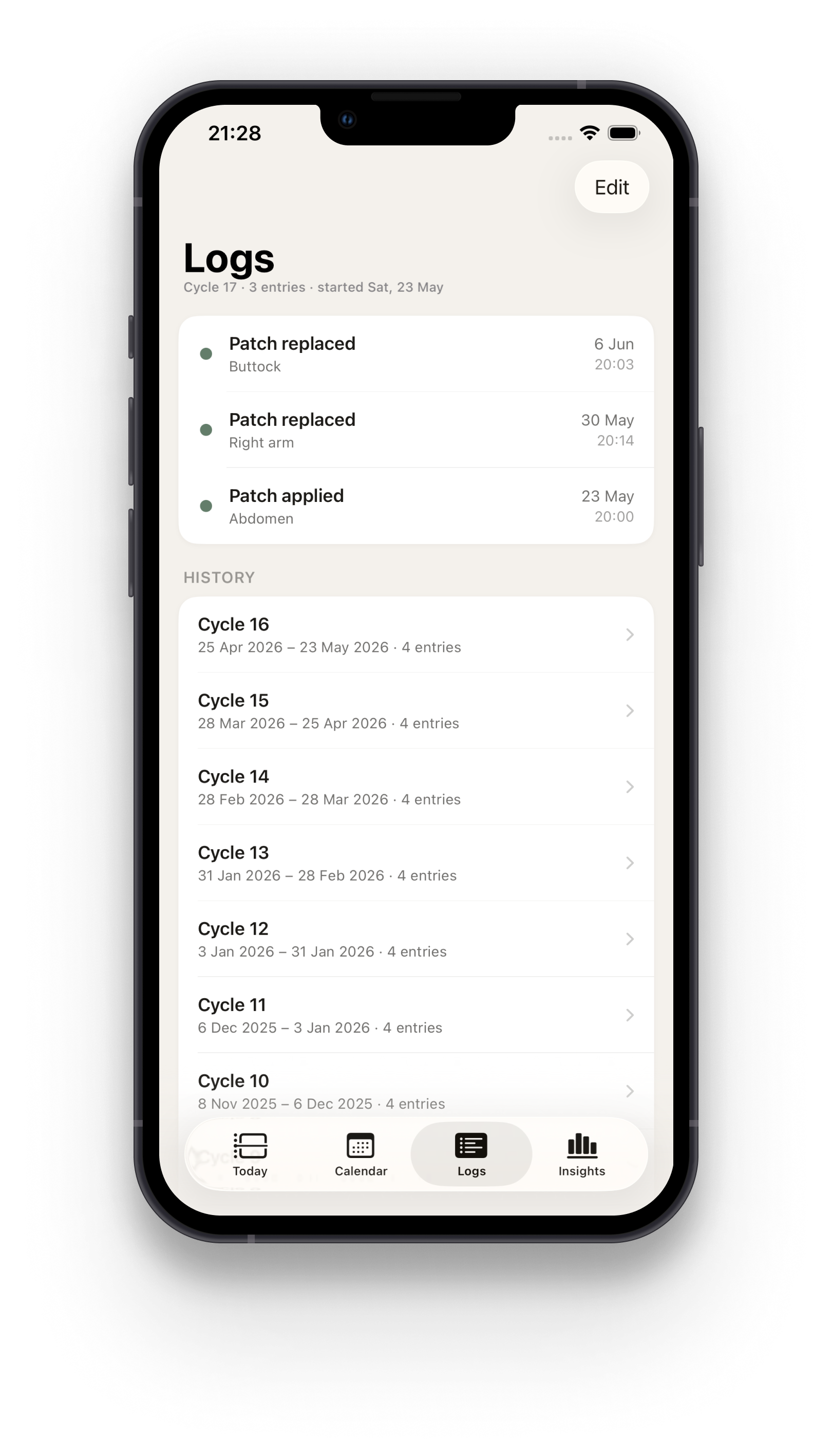 Logs view with full cycle history